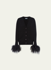 Prada Feather-trim Black Cashmere Cardigan With V-neck In F0002 Nero