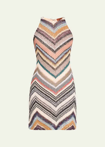 Missoni Chevron Knit Sequin Mini Dress In Neutral