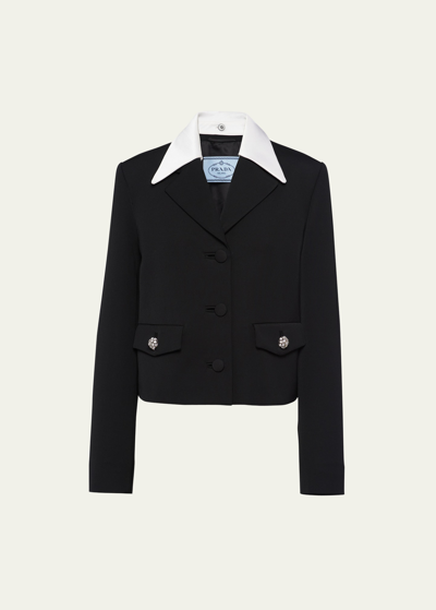 Prada Satin Collar Wool Jacket With Crystal Buttons In Black