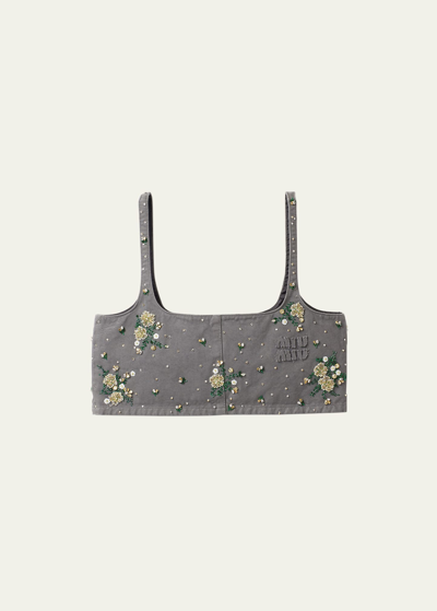 Miu Miu Floral-embellished Crop Top In Iron Gray