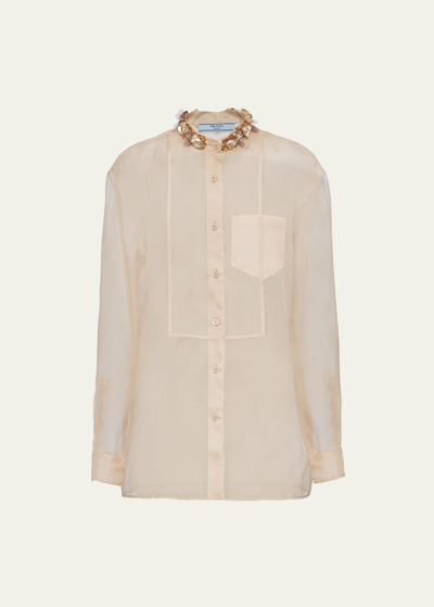 Prada Embroidered Organza Shirt In Desert Beige