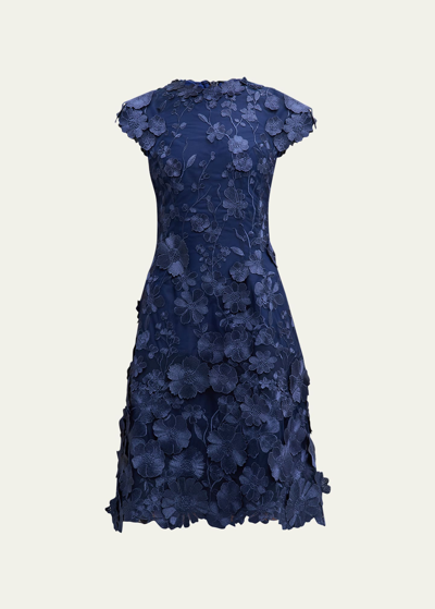Rickie Freeman For Teri Jon 3d Floral Applique Lace Knee-length Dress In Navy