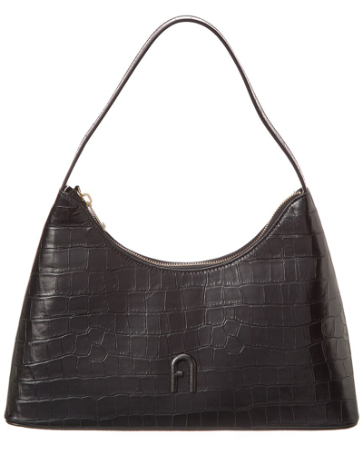 Furla Diamante Small Croc-embossed Leather Shoulder Bag In Black