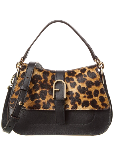 Furla Flow Mini Leopard Calf Hair Top-handle Bag In Brown