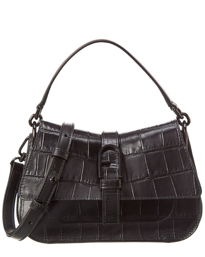 Furla Flow Mini Top Handle Croc-embossed Leather & Suede Shoulder Bag In Black