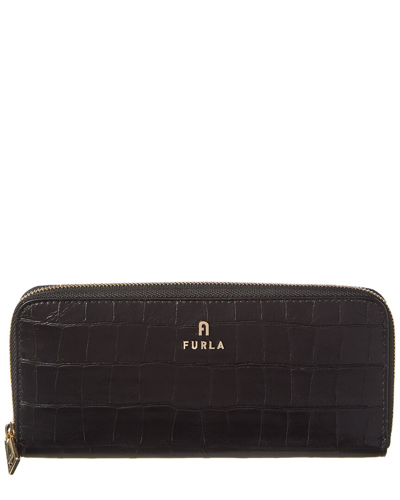 Furla Camelia Xl Zip Around Slim Croc-embossed Leather Wallet In Black