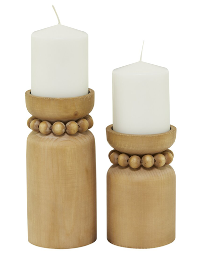 Peyton Lane Set Of 2 Wood Beaded Pillar Candle Holder In Brown