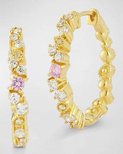 Tanya Farah 18k Yellow Gold Sunburst Pink Sapphire & Diamond Confetti Hoop Earrings