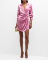 CINQ À SEPT SABINA SCRUNCHED-SLEEVE SATIN MINI WRAP DRESS