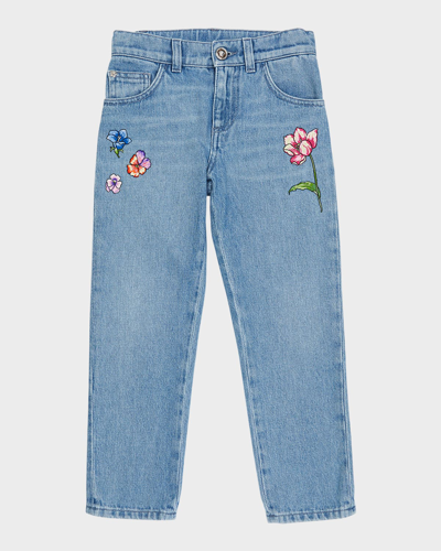 Versace Kids' Girl's Floral Embroidered Denim Jeans In Light Bluemutlico