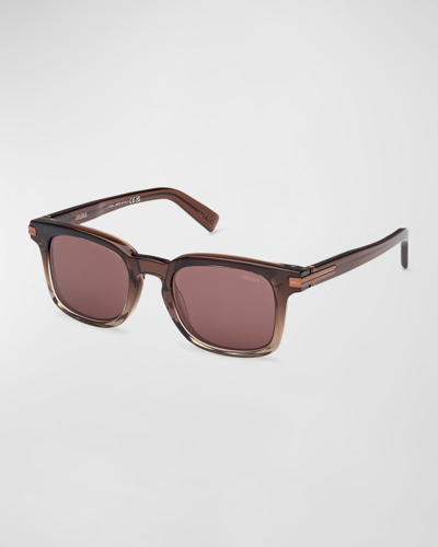 Zegna Men's 50mm Rectangular Acetate Sunglasses In Transparent Beige Brown