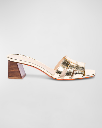 Santoni Venere Metallic Block-heel Mule Sandals In Gold