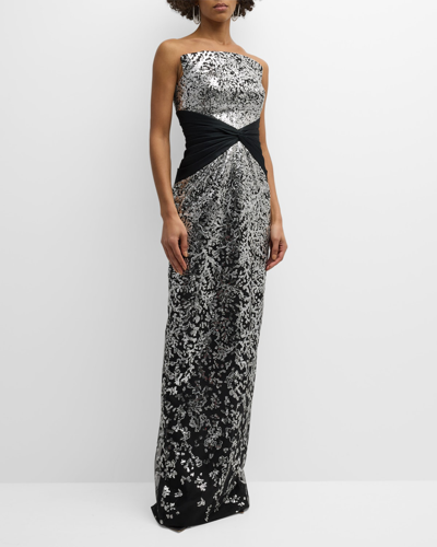 Pamella Roland Strapless Sequin Embroidered Tulle Twisted Gown In Silver