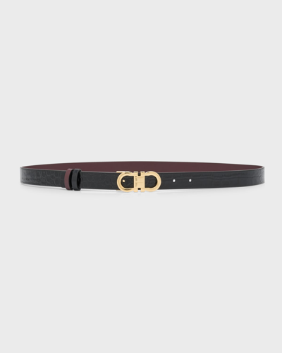 Ferragamo Gancini Croc-embossed Leather Belt In Nero Dark Barolo