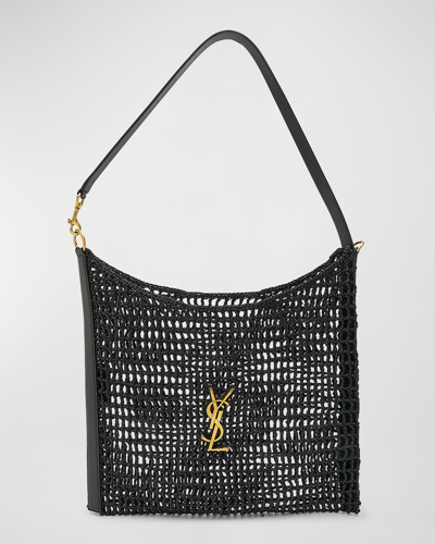 Saint Laurent Oxalis Ysl Monogram Shoulder Bag In Raffia With Bronze Hardware In Black