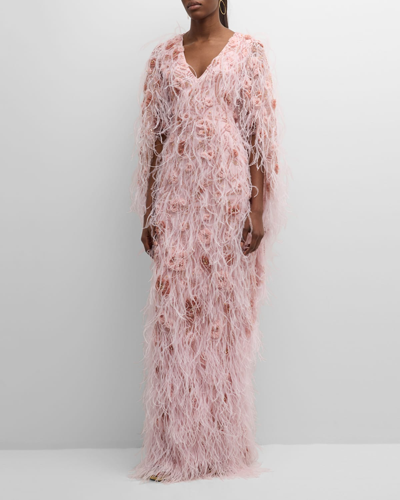Pamella Roland Flower Applique Feather-trim Tulle Cape Gown In Pink