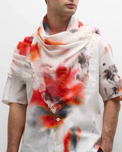 Alexander Mcqueen Men's Wool Obscure Floral Print Biker Scarf In White Red
