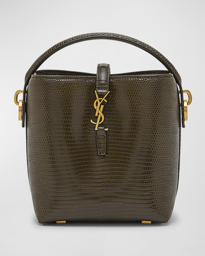 Saint Laurent Le 37 Mini Ysl Bucket Bag In Lizard In Dark Seaweed