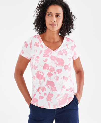 Style & Co Women's Printed V-neck Short-sleeve T-shirt, Created For Macy's In Pink Floral
