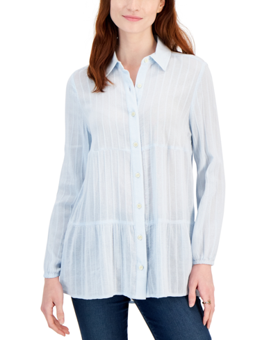 Style & Co Petite Tiered Button-front Long-sleeve Shirt, Created For Macy's In Dream Cloud Blue