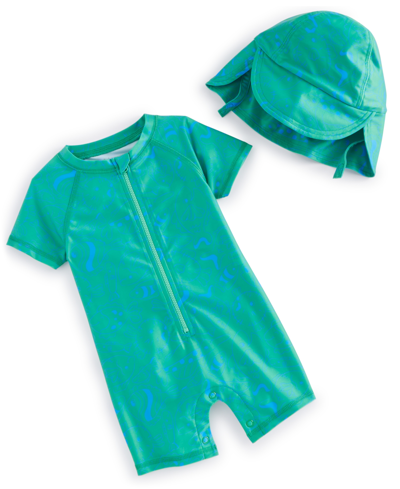 First Impressions Baby Boys Fish Rash Guard And Hat, 2 Piece Set, Created For Macy's In Modern Mint