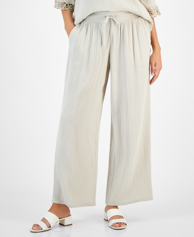 Jm Collection Petite Cotton Gauze Wide-leg Pants, Created For Macy's In Stone Wall
