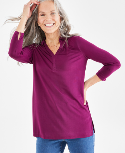 Style & Co Women's 3/4 Sleeve Split-neck Collar Knit Tunic, Created For Macy's In Ray Violet