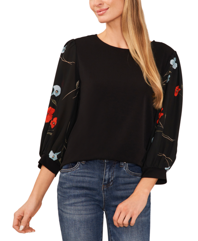 Cece Women's 3/4-sleeve Mixed Media Floral Sleeve Top In Rich Black