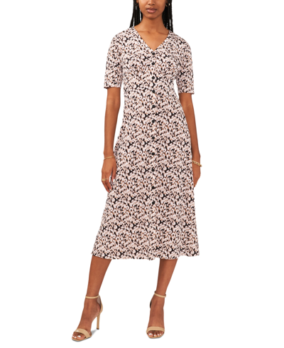 Msk Petite Printed V-neck Short-sleeve Midi Dress In Khaki Haze