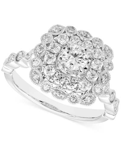 Macy's Diamond Halo Beaded Double Halo Engagement Ring (7/8 Ct. T.w.) In 14k White Gold