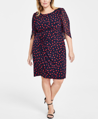 Connected Plus Size Chiffon Cape-sleeve Sheath Dress In Navy