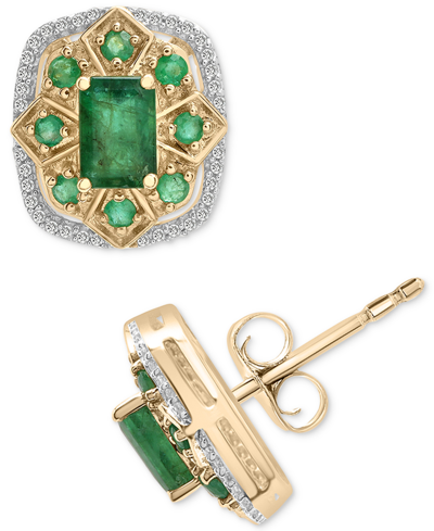 Macy's Emerald (1-5/8 Ct. Tw) & Diamond (1/6 Ct. Tw) Halo Stud Earrings In 14k Gold