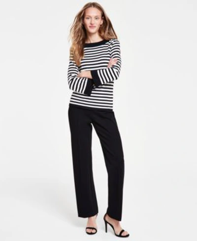 Anne Klein Womens Striped Boat Neck Sweater Pull On Button Detail High Rise Pants In Anne Black