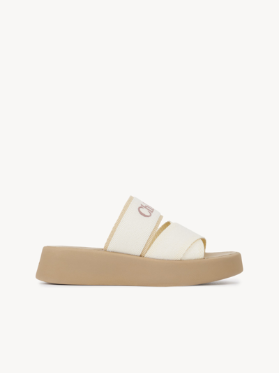Chloé Mila Beige And White Sabot With Branded Strap In Linen Blend Woman