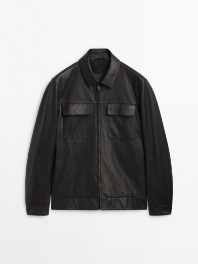 Massimo Dutti Nappa Leather Trucker Jacket In Black