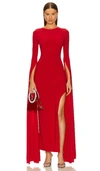 NORMA KAMALI OPEN BACK RIBBON SLEEVE WIDE SLIT GOWN