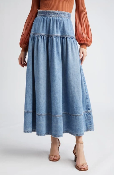 Ulla Johnson The Astrid Flared Denim Midi Skirt In Danube Medium Ind