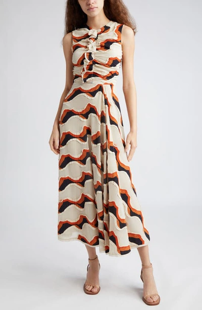 ULLA JOHNSON CRUZ ABSTRACT PRINT APPLIQUÉ MIDI DRESS