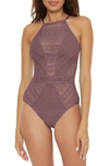 Becca Colorplay Lace Overlay One-piece Swimsuit In Fig