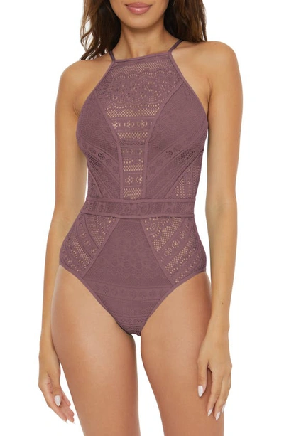 Becca Colourplay Lace Overlay One-piece Swimsuit In Fig