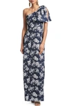 Sachin & Babi One-shoulder A-line Gown In Navy/ivory Peony