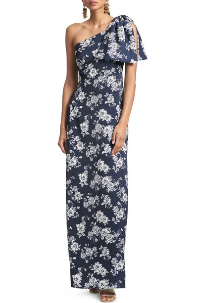 Sachin & Babi One-shoulder A-line Gown In Navy/ Ivory Peony