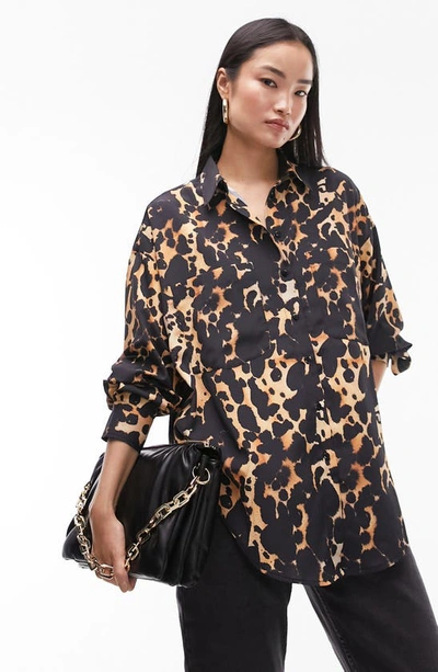 Topshop Oversize Animal Print Button-up Shirt In Black Multi