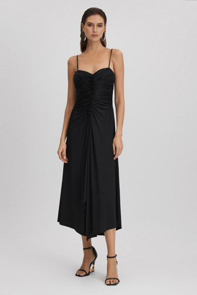 Halston Ruched Jersey Midi Dress In Black