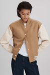 REISS VIENNA - CAMEL/CREAM PREMIUM WOOL BLEND BOMBER JACKET, L