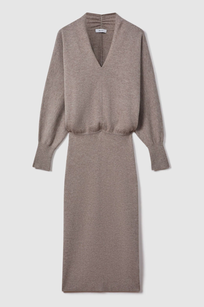 Reiss Neutral Wool Blend Midi Dress