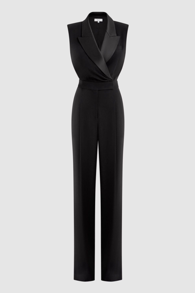 Reiss Black Petite Satin Lapel Jumpsuit In Black