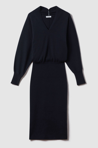 Reiss Sally V-neck Long-sleeve Wool And Cashmere-blend Midi Dress In Navy