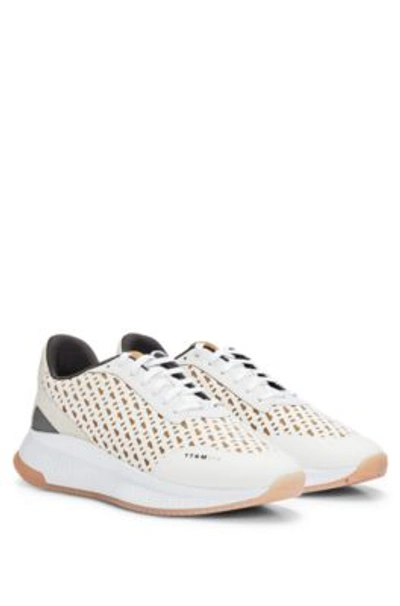 Hugo Boss Monogram-mesh Lace-up Trainers With Suede Trims In White