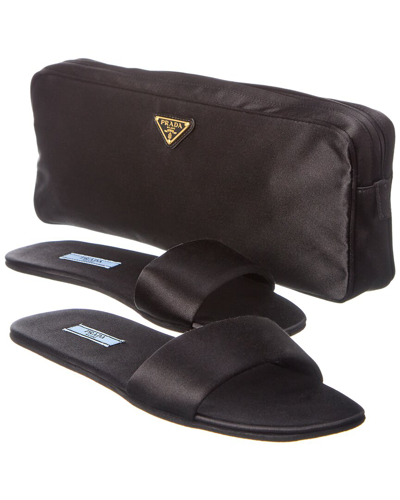 Prada Travel Silk Slippers And Pouch In Black